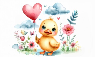 Valentine day cute illustration. Happy yellow duck with heart watercolor painting isolated 
