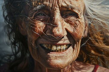 Portrait of an elderly woman with dirty face and long hair - obrazy, fototapety, plakaty