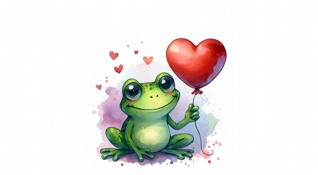 Valentine day cute illustration. happy green frog with heart watercolor painting isolated