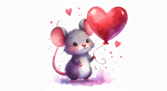 Valentine day cute illustration. Happy mouse with heart watercolor painting isolated