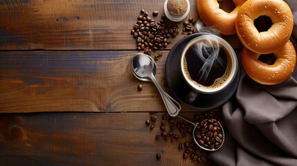 Close-up view of a cup of coffee and coffee beans on table.