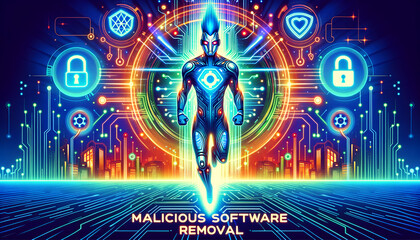 Digital Defender: Vibrant Pop Futurism artwork showcasing the triumph of malicious software removal in a high-tech world.