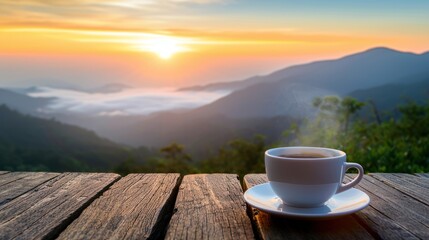 Close-up view of a cup of coffee on table with sunrise over mountain ridge with fog.