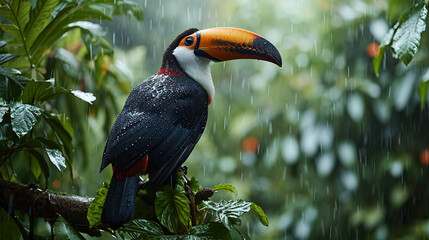 Naklejka premium bird with open beak A toucan with a chestnut mandible sits on a branch in the rain. With a green forest as the background.