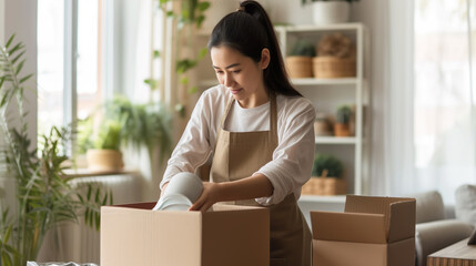 引っ越しで梱包をするアジア人女性06