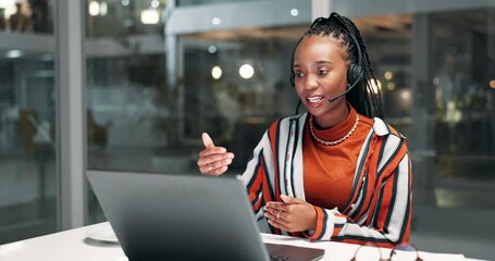 Customer service, laptop and black woman call center agent consulting online with headset. Technical support, contact us and female consultant work overtime on computer in ecommerce in night office - Powered by Adobe