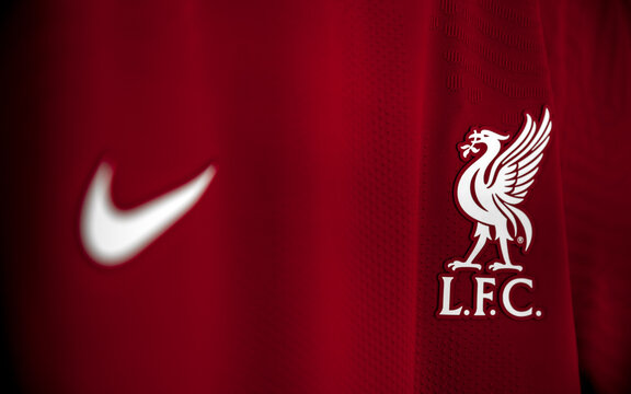 Liverpool FC logo and Nike emblem collaboration Home Football Soccer Shirt for the season.  Landscape wallpaper background. Liverpool, Merseyside, UK 2023. Klopp Salah Van Dijk Trent Nunez
