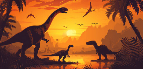 Vector illustration of prehistoric theme with dinosaurs jungle and sunset on white background.