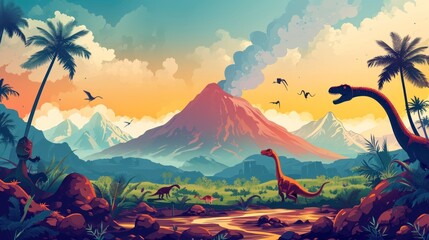 Vector illustration of prehistoric theme with dinosaurs jungle volcano on white background.