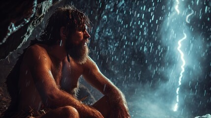 Caveman in heavy rainstrom watching a lightning bolt strike on ground. Photorealistic.