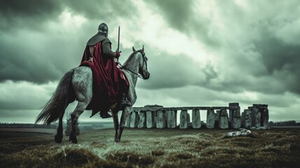 A medieval knight on horseback at famous Stonehenge ancient mystery site in England UK.