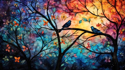 Watercolor painting of tree with birds on colorful background.