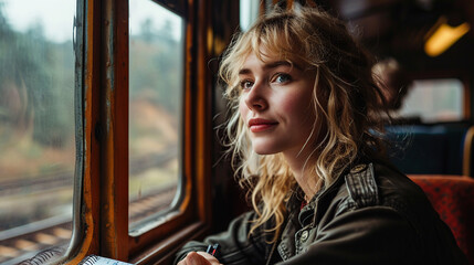 Fototapeta na wymiar Business woman writes diary while sitting by train window