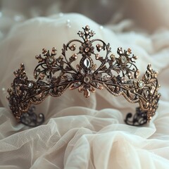 Beautiful silver tiara on the background of a white wedding dress