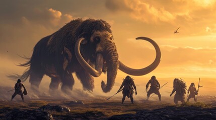 Hunting scene of a team of primitive cavemen attacking a giant mammoth in wild field.