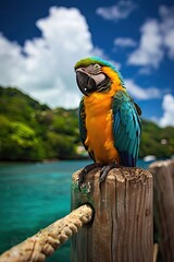 macaw sitting on a wooden post with turquoise ocean in background