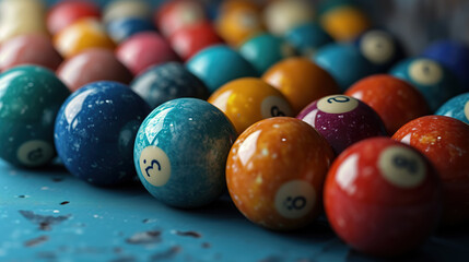 Closeup of colorful billiard balls on a blue pool table