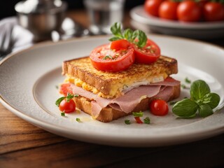 Fototapeta na wymiar Ham cheese toast in fine dining restaurant, cinematic food photography, studio lighting and background