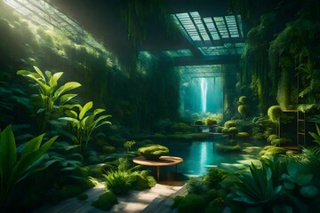 Monsoon rainforest full of green nature with wooden scale table, panorama. Generative Ai