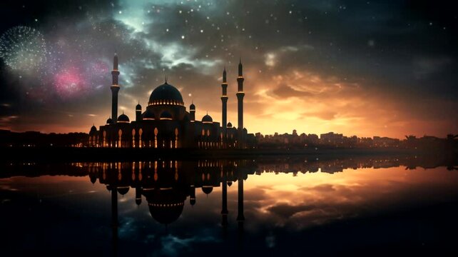 Mosque scene with stars in the background, animated virtual repeating seamless 4k	