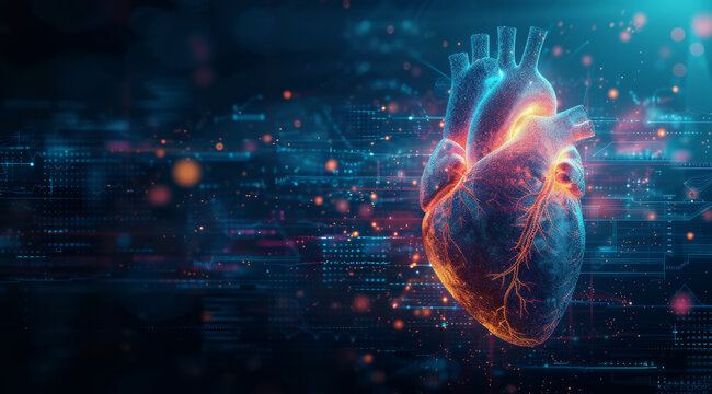 Abstract human heart with neon blue illumination surrounded by digital particles and data streams,AI generated - Powered by Adobe