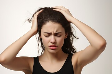 Woman with hand on head, headache