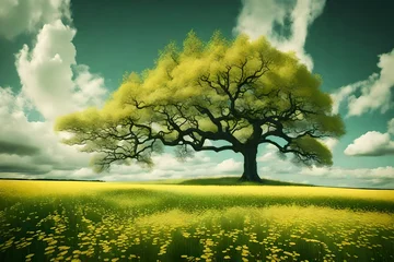 Foto op Canvas Semi abstract tree ,field, meadow. Abstraction Landscape nature, contemporary art for background   © Malik