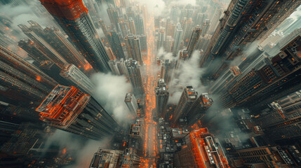 A cityscape where the architecture defies gravity, with buildings that twist and turn into the sky. 