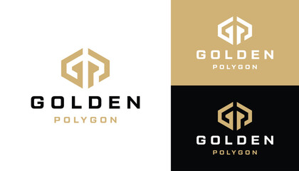 Golden Initial Letter GP P G PG Monogram with Simple Hexagon Line Art Logo Design