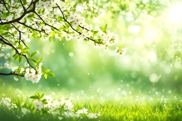 Obraz na płótnie Canvas Blossoming tree, bokeh, nature background. Green leaves border. Spring background. Illustration
