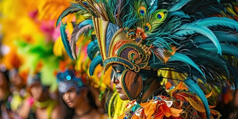 Painted and feathered person celebrating Carnival in Rio de jeneiro 