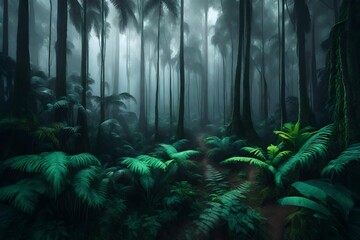 Exotic foggy forest. Jungle panorama, forest oasis. Foggy dark forest. Natural forest landscape. 3D illustration - obrazy, fototapety, plakaty