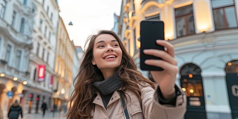 Female influencer holding smartphone to take selfie while on a European vacation