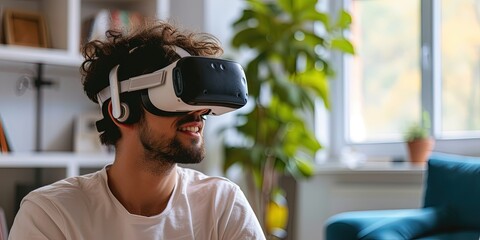 Young man wearing virtual reality headset at home