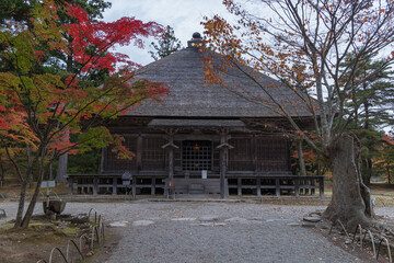日本　岩手県西磐井郡平泉町にある毛越寺庭園の常行堂と紅葉