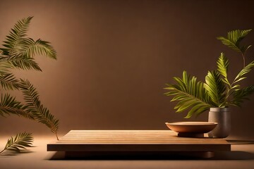 Wooden product display podium with nature leaves on brown background. 3D rendering 