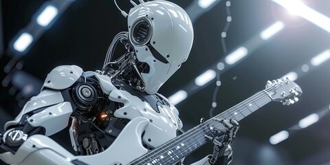 Robot playing electric guitar for AI music concept - obrazy, fototapety, plakaty