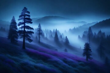 Pine forest in the fog, cinematic dark light, beautiful blue and purple colors - Natural fantasy scene, trees and hills in the mist, near darkness. Image made by Generative A