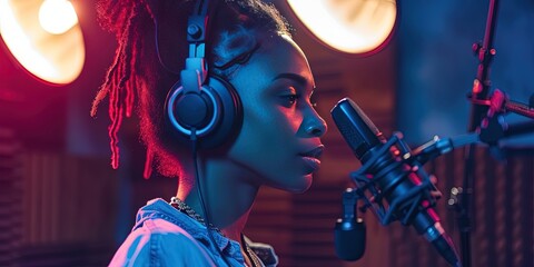 Black woman singer/rapper in the recording studio on the microphone - obrazy, fototapety, plakaty