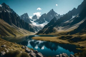 an image of a breathtaking mountain landscape, with towering peaks, serene lakes, and rolling meadows, capturing the grandeur of nature  - obrazy, fototapety, plakaty