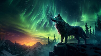 Lone gray wolf howling beneath the soft glow of the northern lights