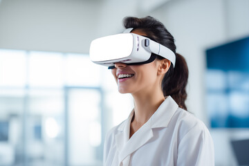 Caucasian woman wearing VR in the training lab for technology research. VR Mockup. Generative AI