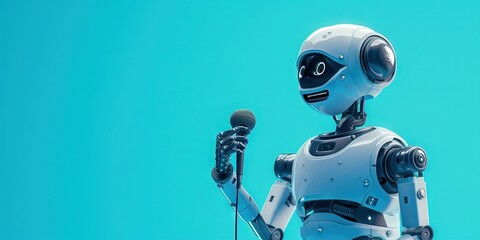 AI comedian robot telling a joke during a standup comedy routine - obrazy, fototapety, plakaty