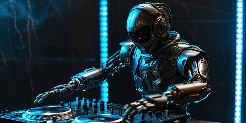 Naklejka premium AI robot DJ playing turntables for artificial intelligence music concept