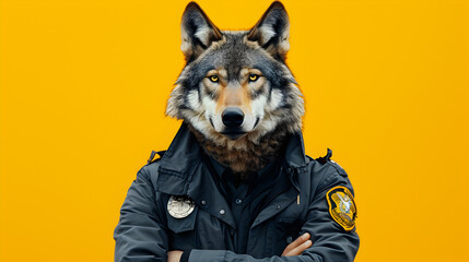 Cop Wolf Wearing Black Boots and Blue Shirt on Yellow Background
