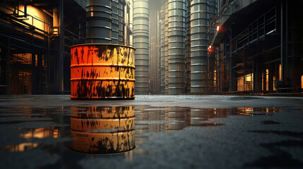 Gritty urban oil barrel on wet concrete, overlaid with vibrant stock market data - obrazy, fototapety, plakaty