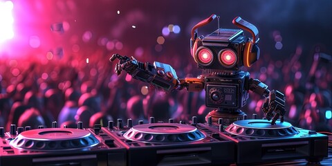 Robot DJ playing turntables to rock the party with music