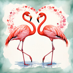 Watercolor illustration a pair of flamingos in water against a heart-shaped backdrop.