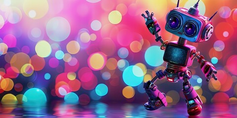 Robot dancing on colorful background for artificial intelligence creative concept