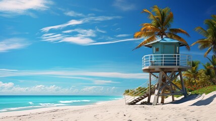 Fototapeta premium Tropical beach paradise with palm trees and a lifeguard tower